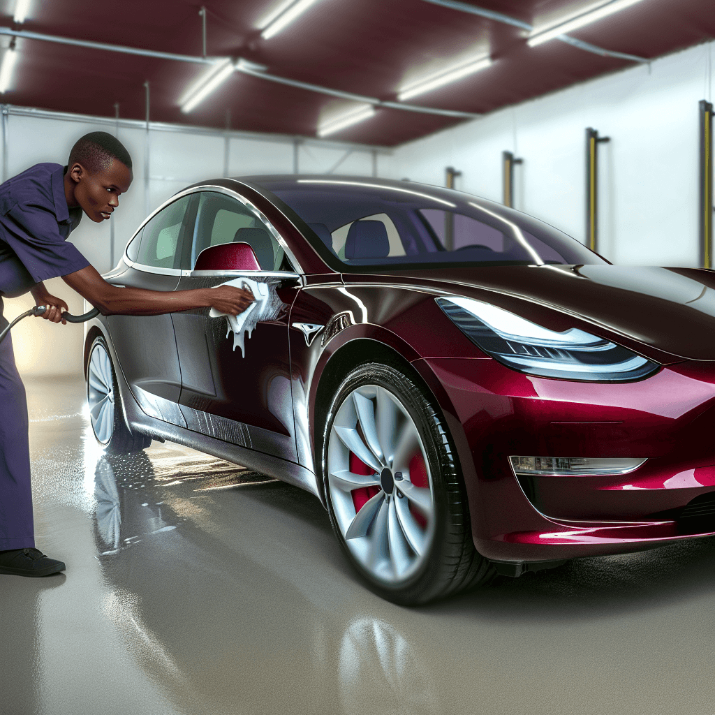 Professional mobile car wash service washing a Tesla Model 3